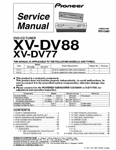 pneer service manual XV-DV88,DV77 dvd-cd tuner 
service manual